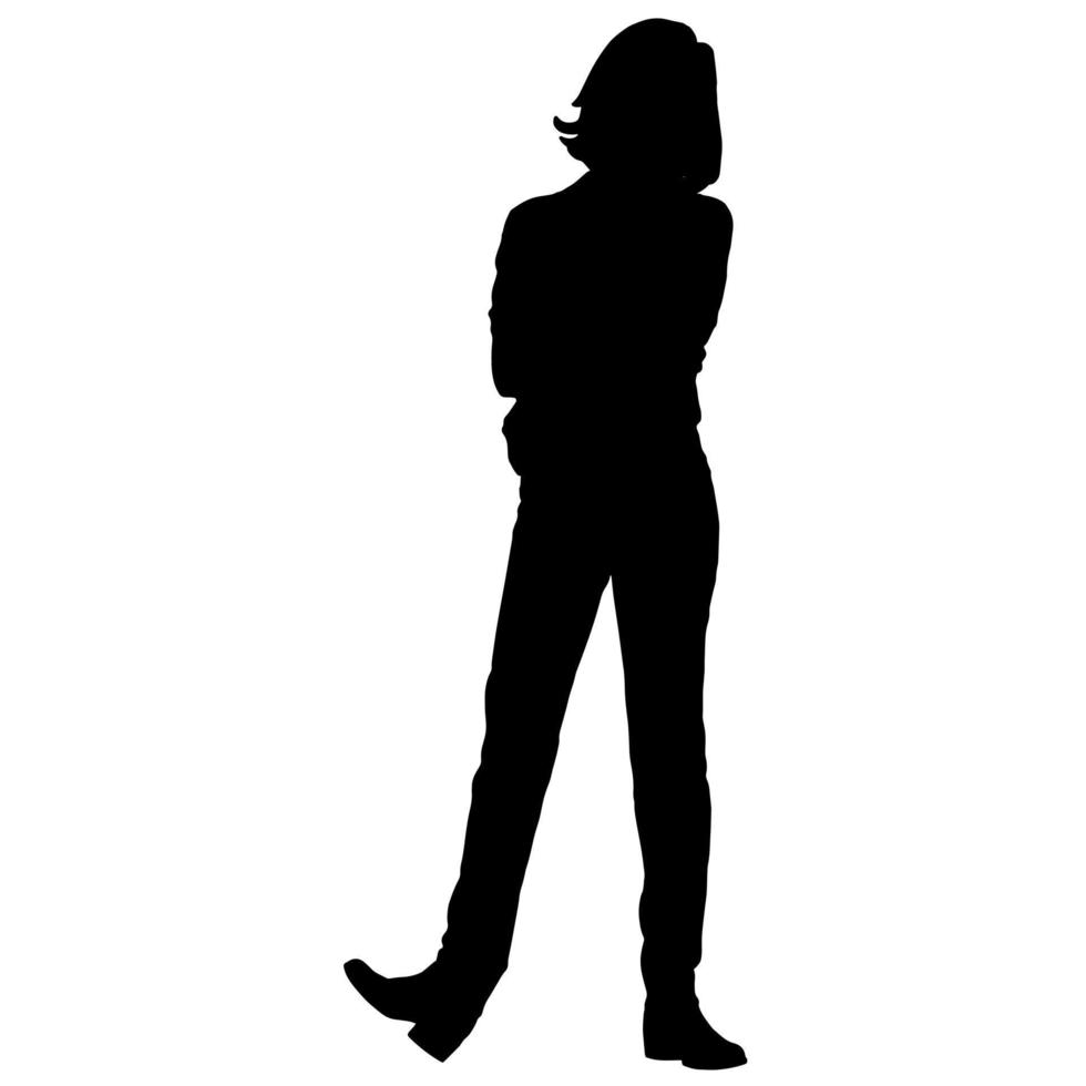 Vector silhouettes of women. Standing woman shape. Black color on isolated white background. Graphic illustration.