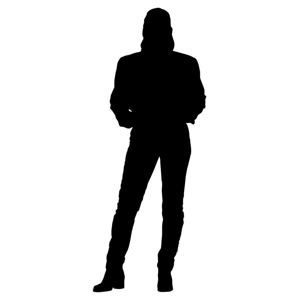 Vector silhouettes of women. Standing woman shape. Black color on isolated white background. Graphic illustration.