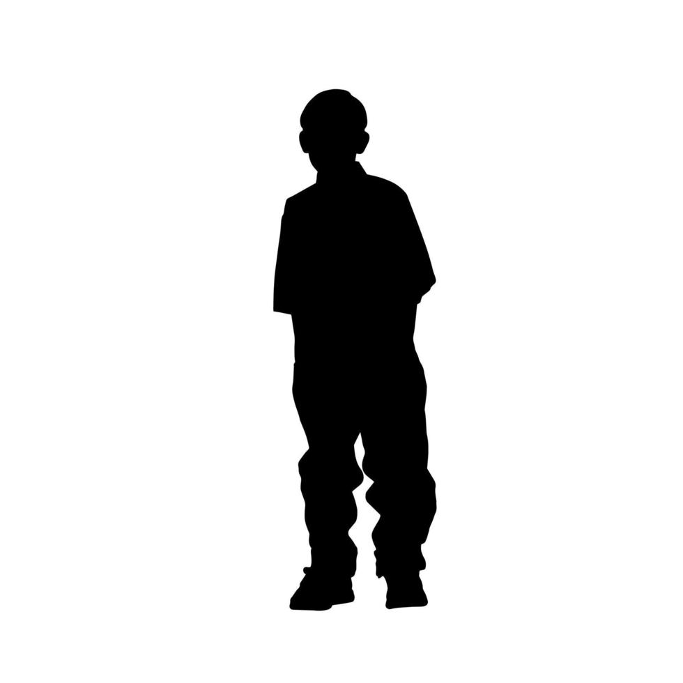 Vector silhouettes of kids and children. Standing kid and child shape. Black color on isolated white background. Graphic illustration.