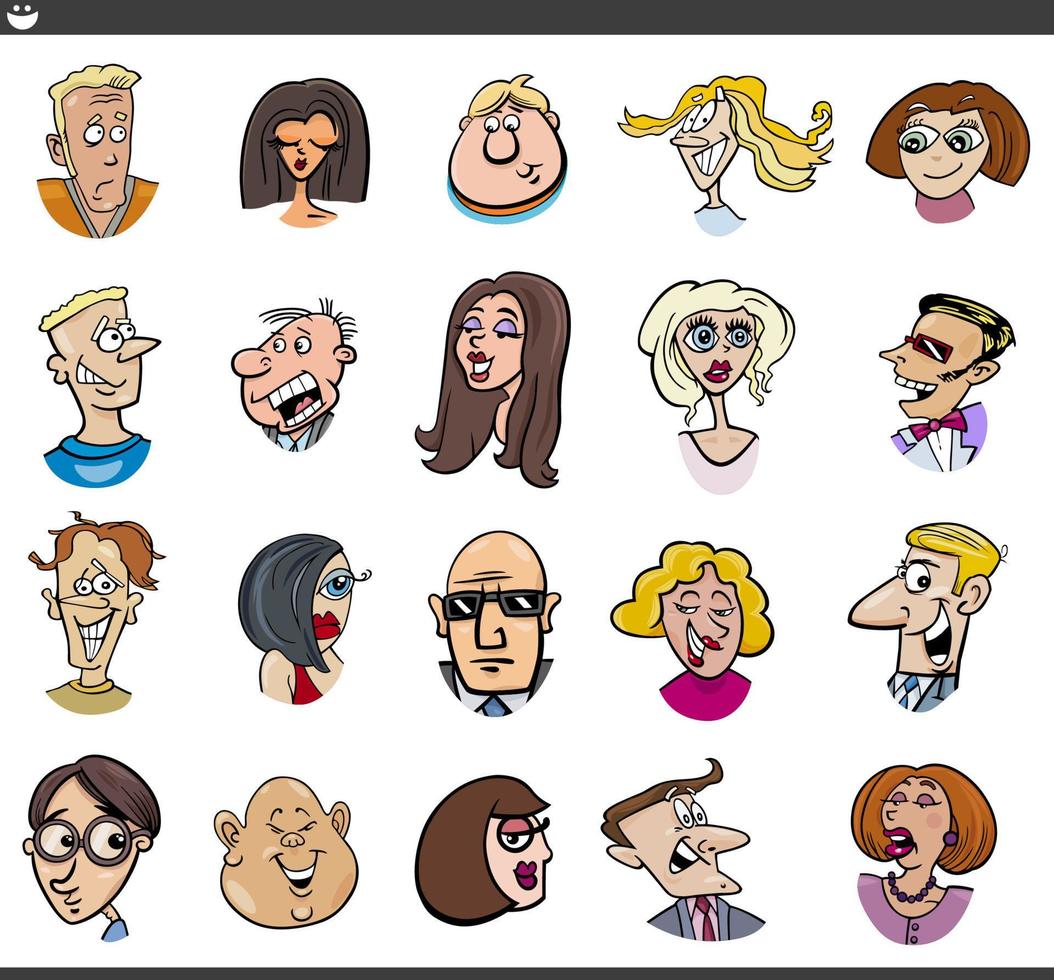 caricatura, gente, caracteres, caras, y, emociones, conjunto vector