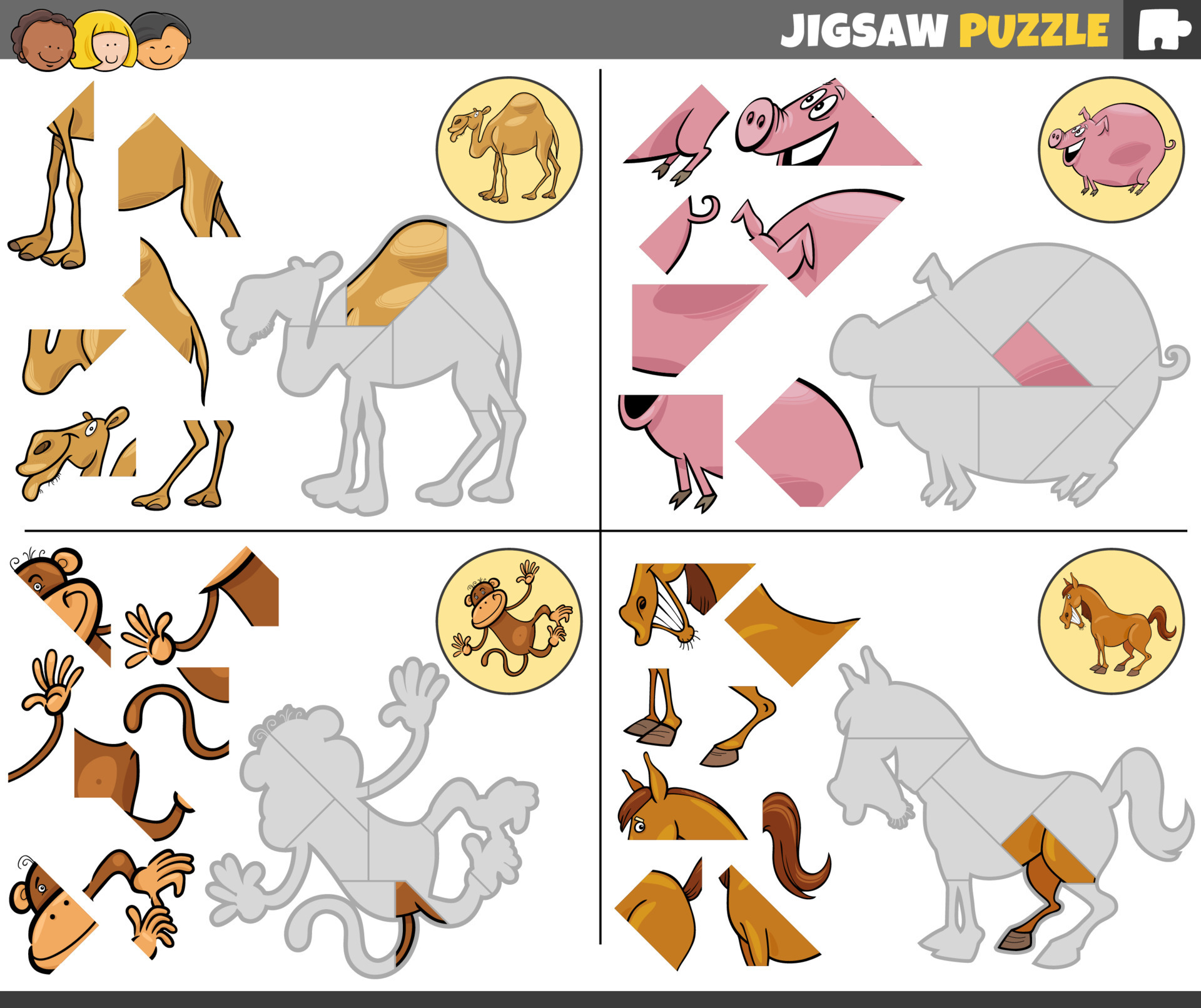 jigsaw puzzle tasks set with cartoon animals 17360149 Vector Art at