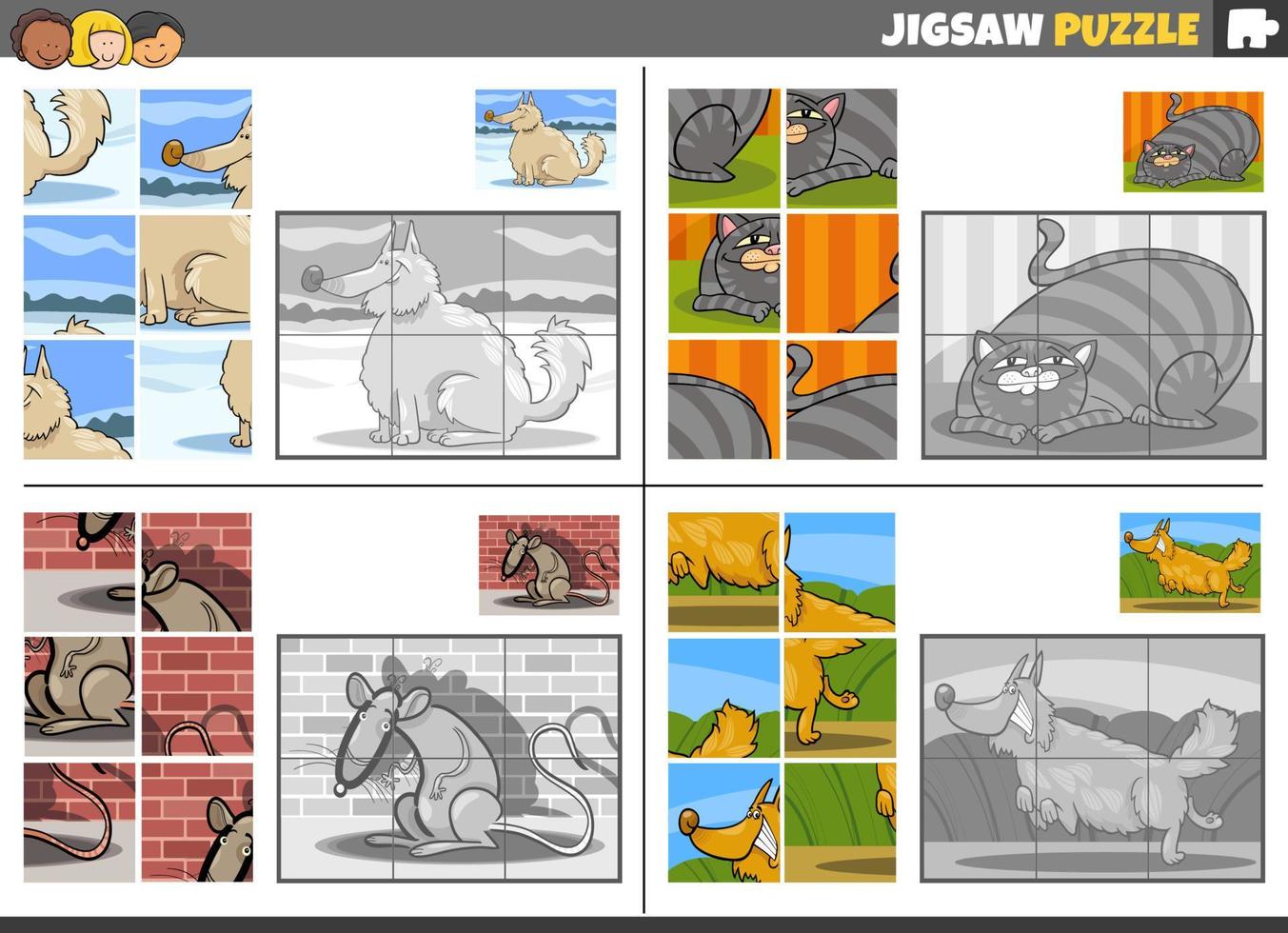 jigsaw puzzle task set with cartoon animals vector