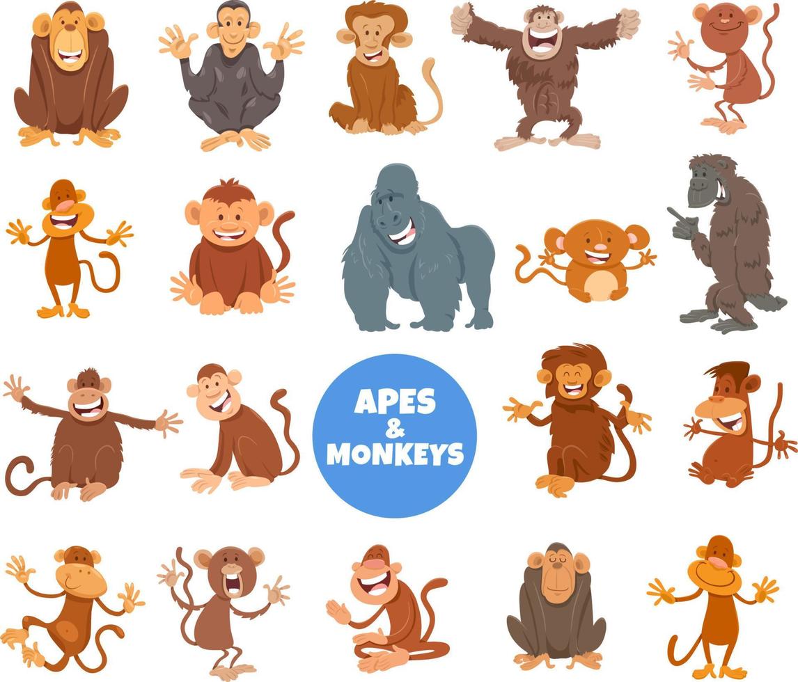 cartoon apes and monkeys animal characters big set vector
