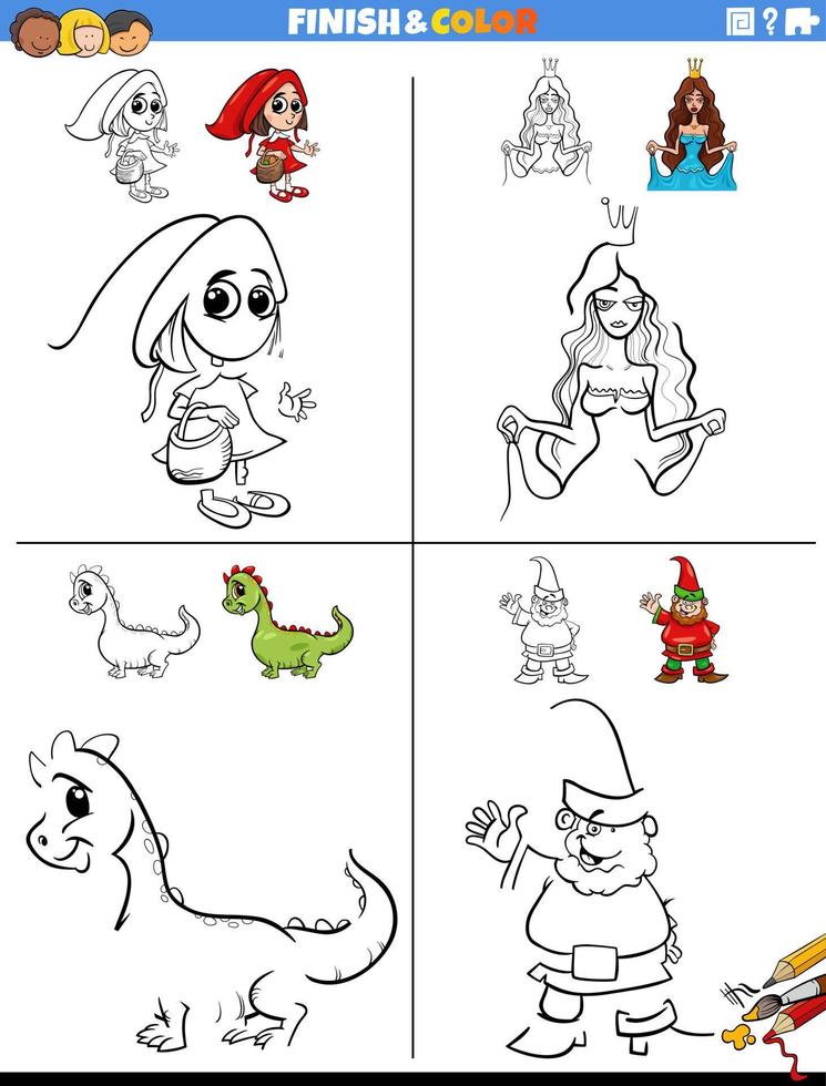 drawing and coloring worksheet with fantasy characters vector