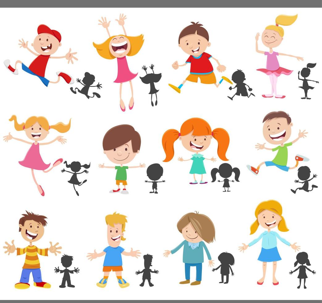 conjunto de personajes y siluetas de niños felices de dibujos animados vector