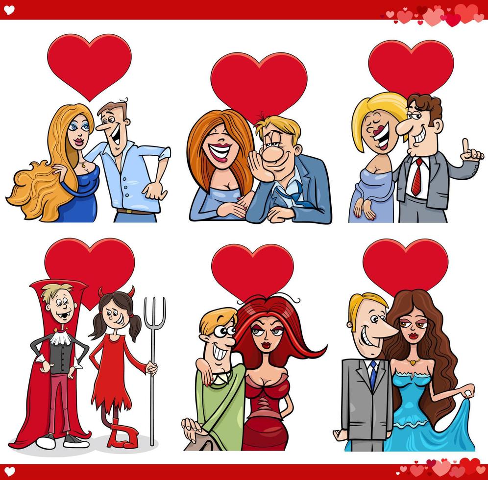 parejas de dibujos animados divertidos enamorados en el día de san valentín vector