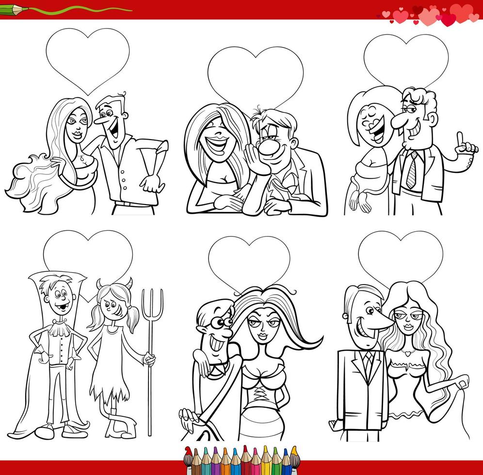 cartoon couples in love on Valentine Day coloring book page vector