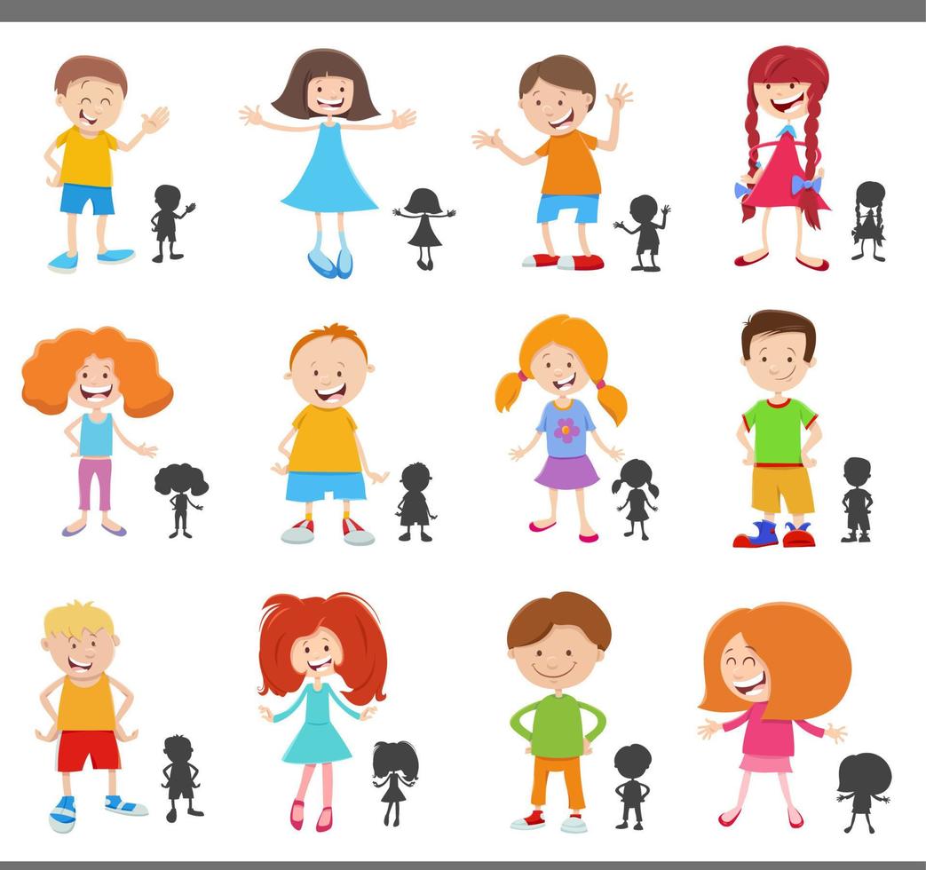 cartoon happy children characters with silhouettes set vector