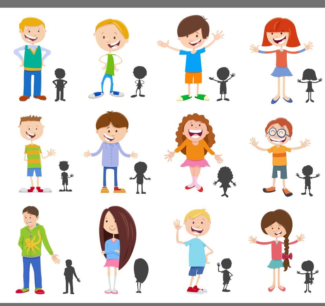 conjunto de personajes de dibujos animados para niños con siluetas vector