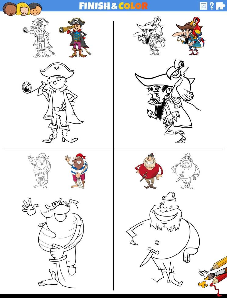drawing and coloring task with pirate characters vector