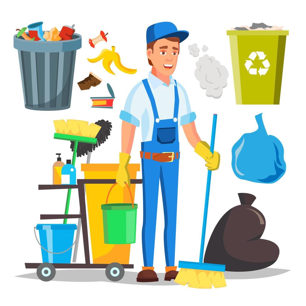 Janitor Man Vector. Cleaner Janitor Worker In Uniform. Professional Service. Illustration vector