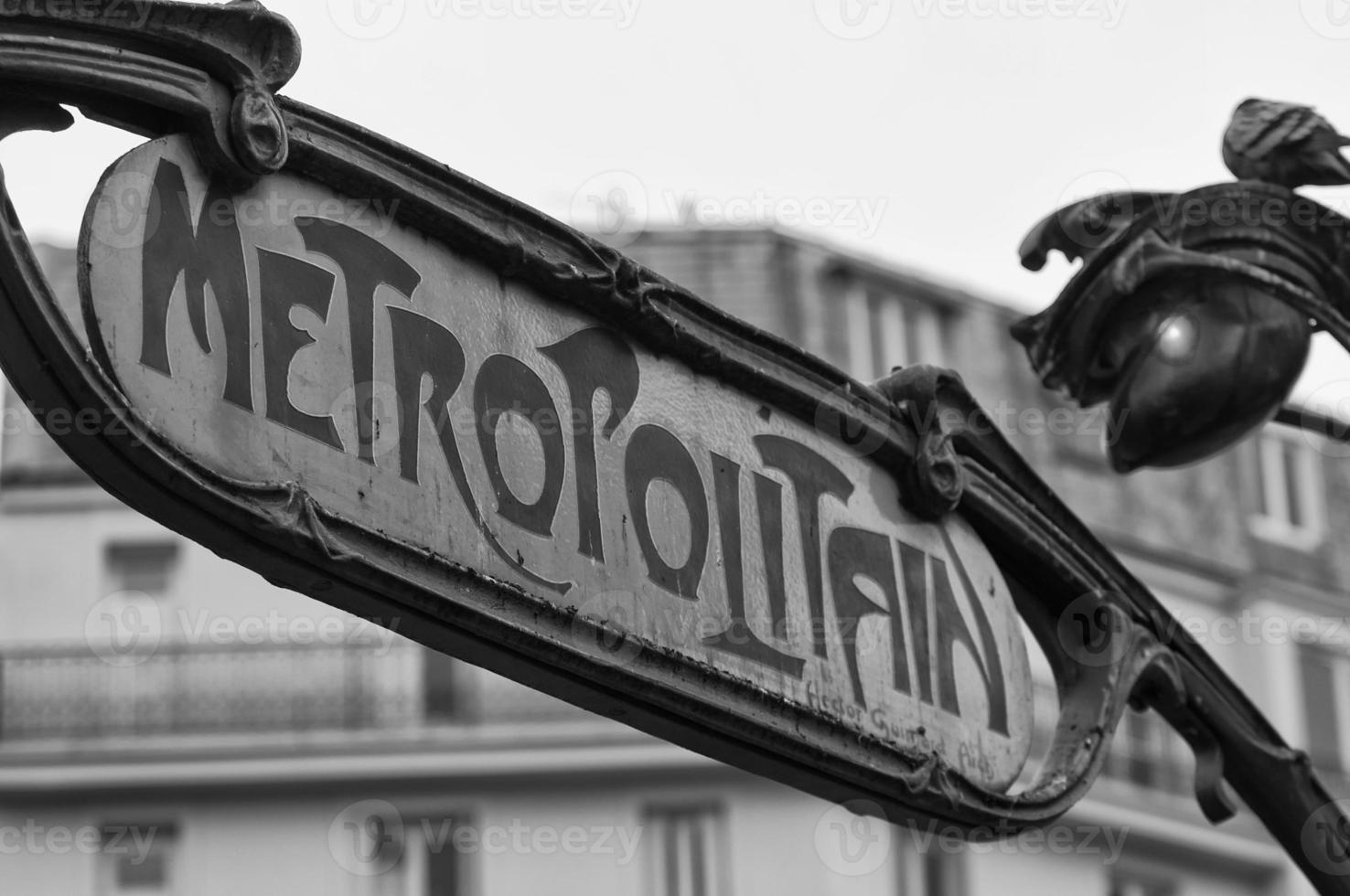 Paris Metro Metropolitain Sign in black and white photo