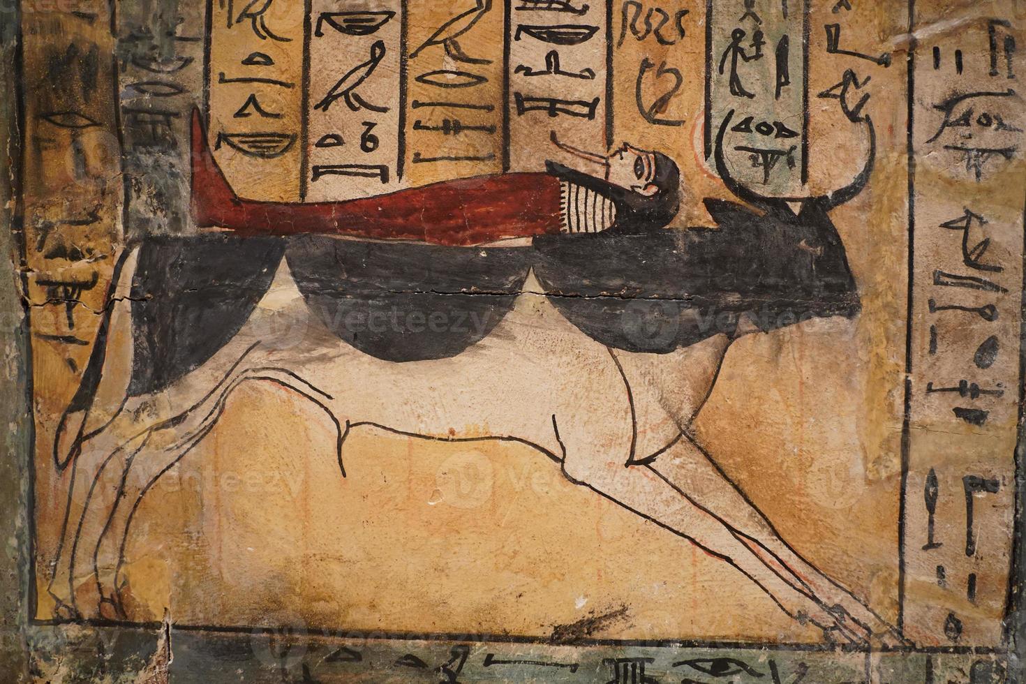 detalle de jeroglíficos de sarcófago de madera egipcio foto