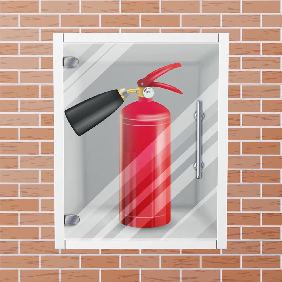 Fire Extinguisher In Wall Niche Vector. Realistic Red Fire Extinguisher Illustration vector