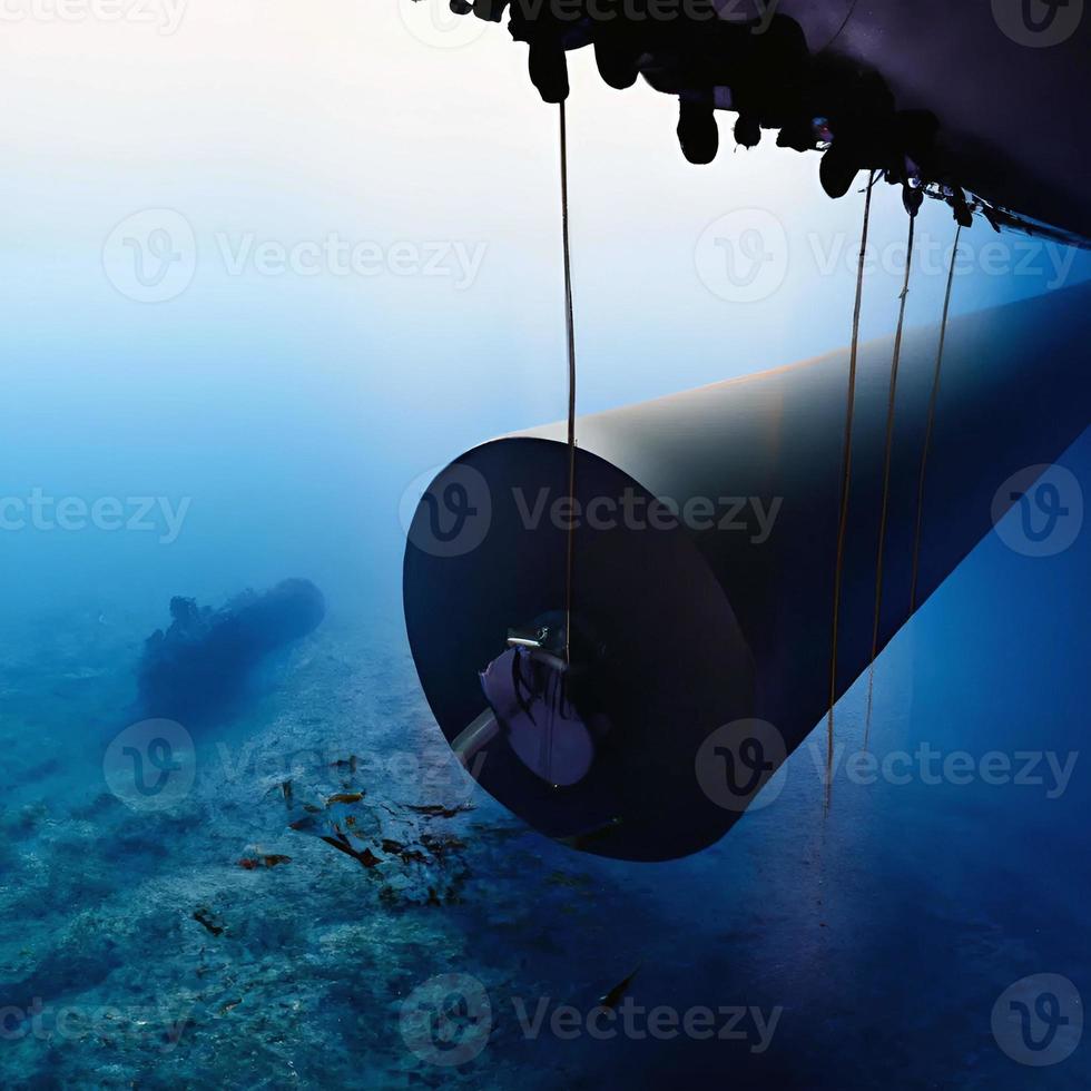 barco submarino acercándose a una tubería dañada bajo el agua con fugas en el océano profundo y oscuro como la ilustración de la corriente del norte foto