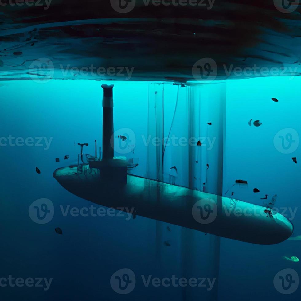 Submarine ship approaching a underwater damaged pipeline leaking in the deep dark ocean like the nord stream illustration photo