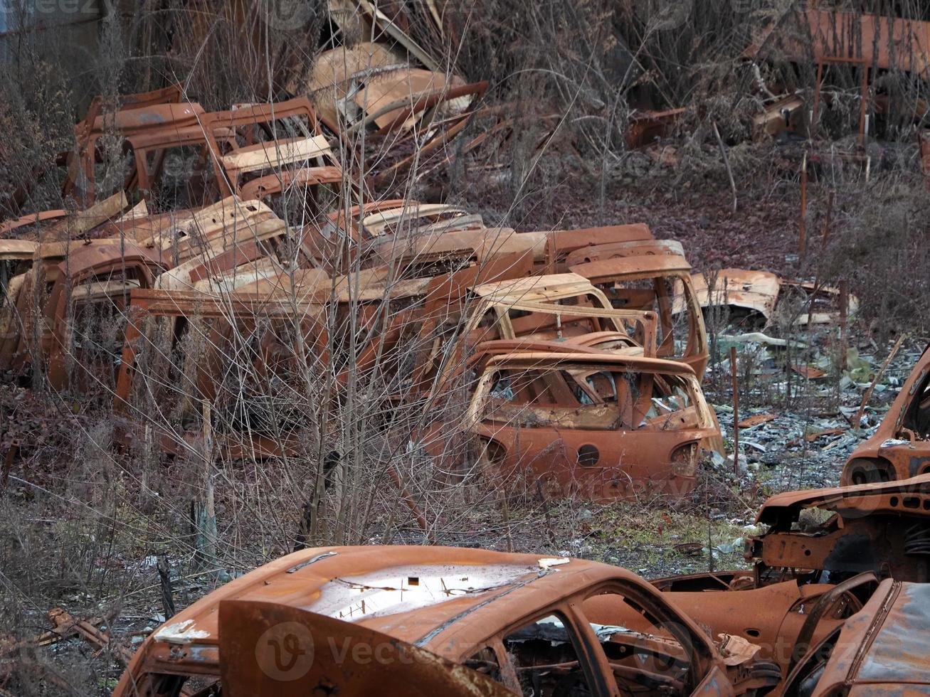 junkyard old rusted car field photo