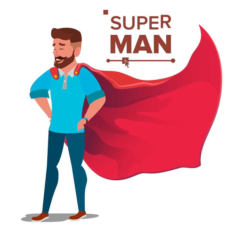 Super Businessman Character Vector. Successful Superhero Businessman Standing. Young Professional Salesman, Programmer. Office Achievement Victory Concept. Waving Red Cape. Cartoon Illustration vector