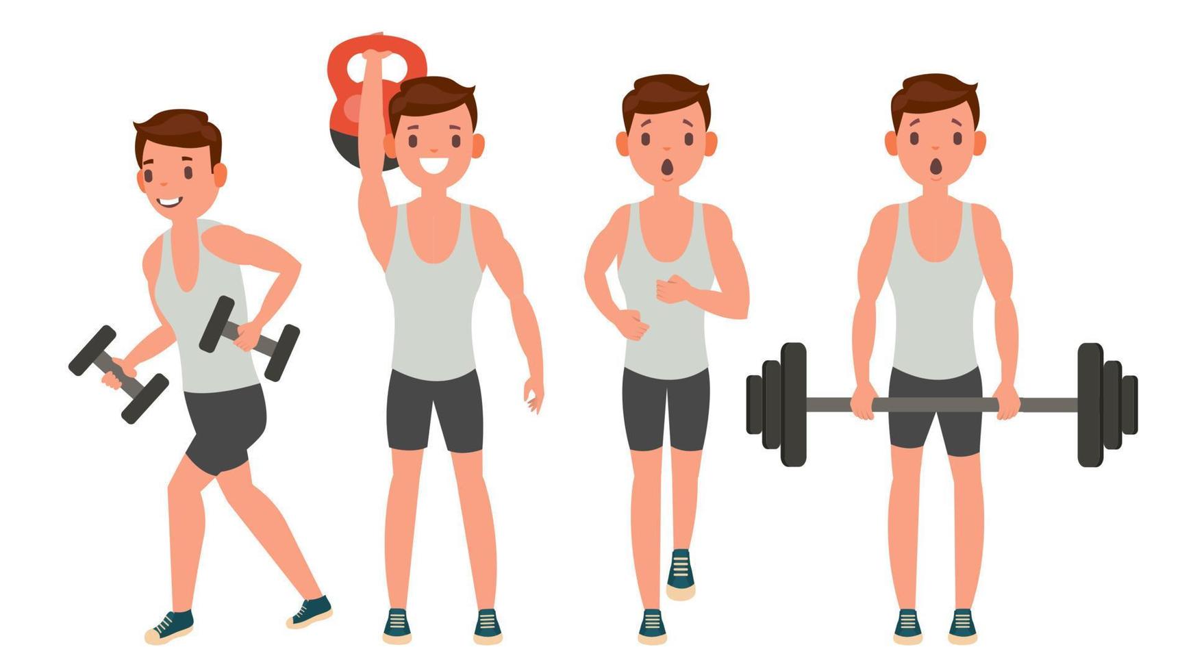 Fitness Man Vector. Different Poses. Work Out. Active Fitness. Flat Cartoon Illustration vector