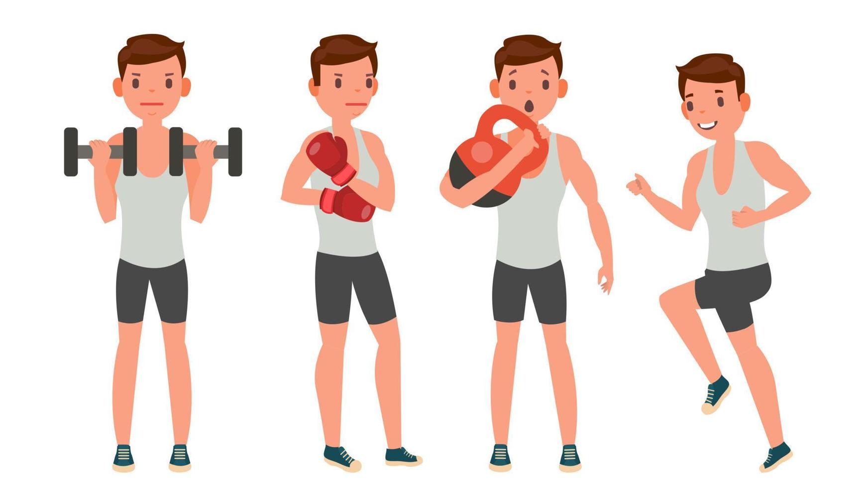 vector de hombre de fitness. poses diferentes elaborar. condición física activa. ilustración de dibujos animados plana