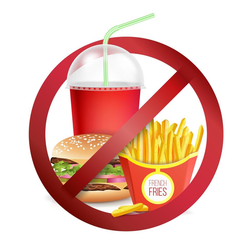 vector de etiqueta de peligro de comida rápida. No se permiten alimentos ni bebidas. ilustración realista aislada.