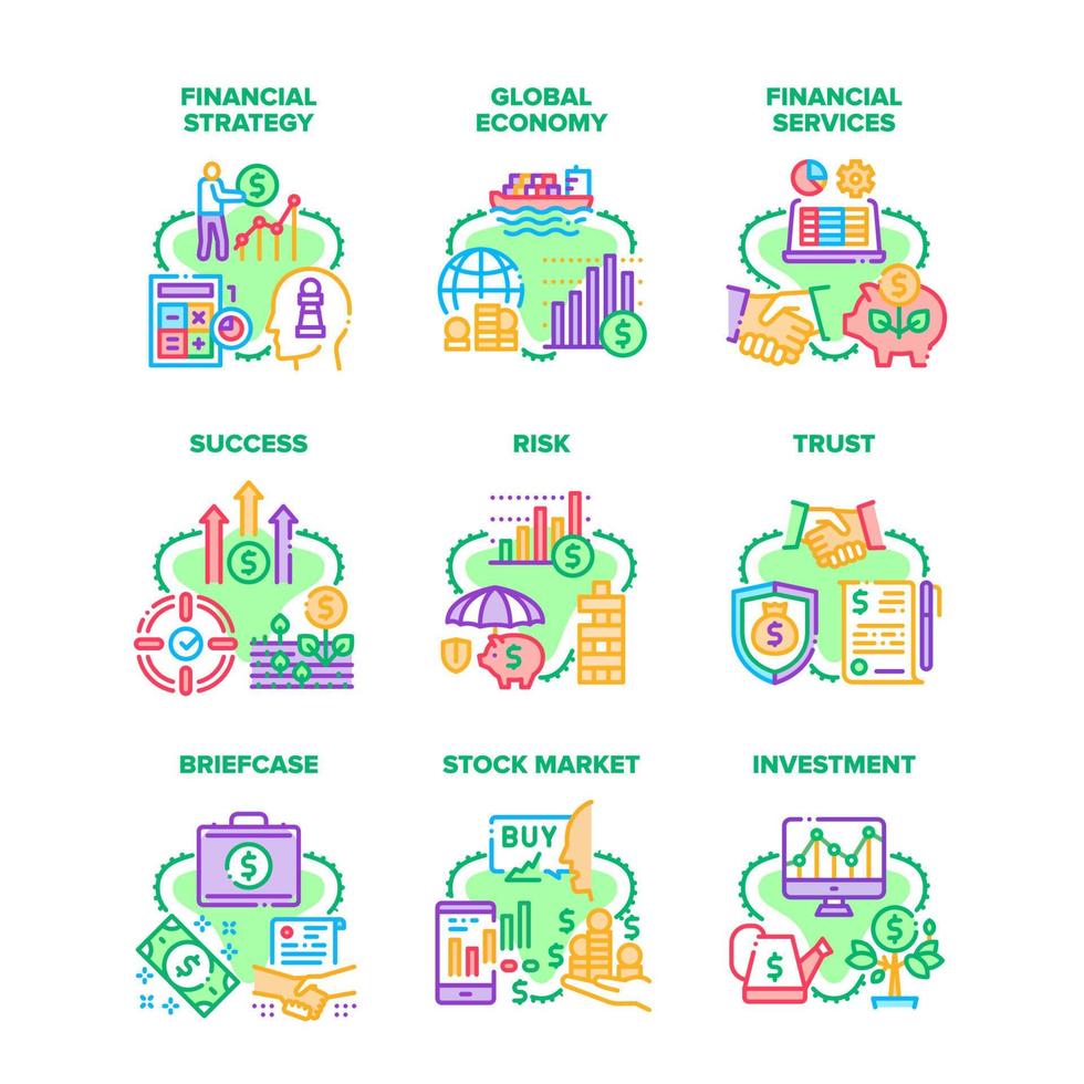 estrategia financiera establecer iconos ilustraciones vectoriales vector