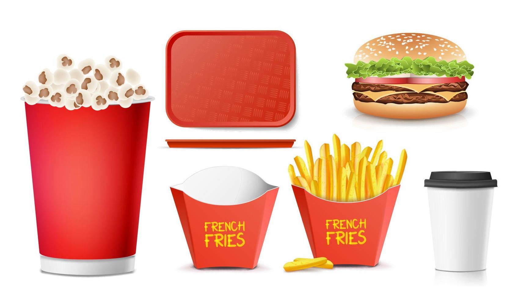vector de comida rápida 3d. sabrosa hamburguesa, hamburguesa, papas fritas, refrescos, café, vaso de papel, bandeja, palomitas de maíz. ilustración aislada