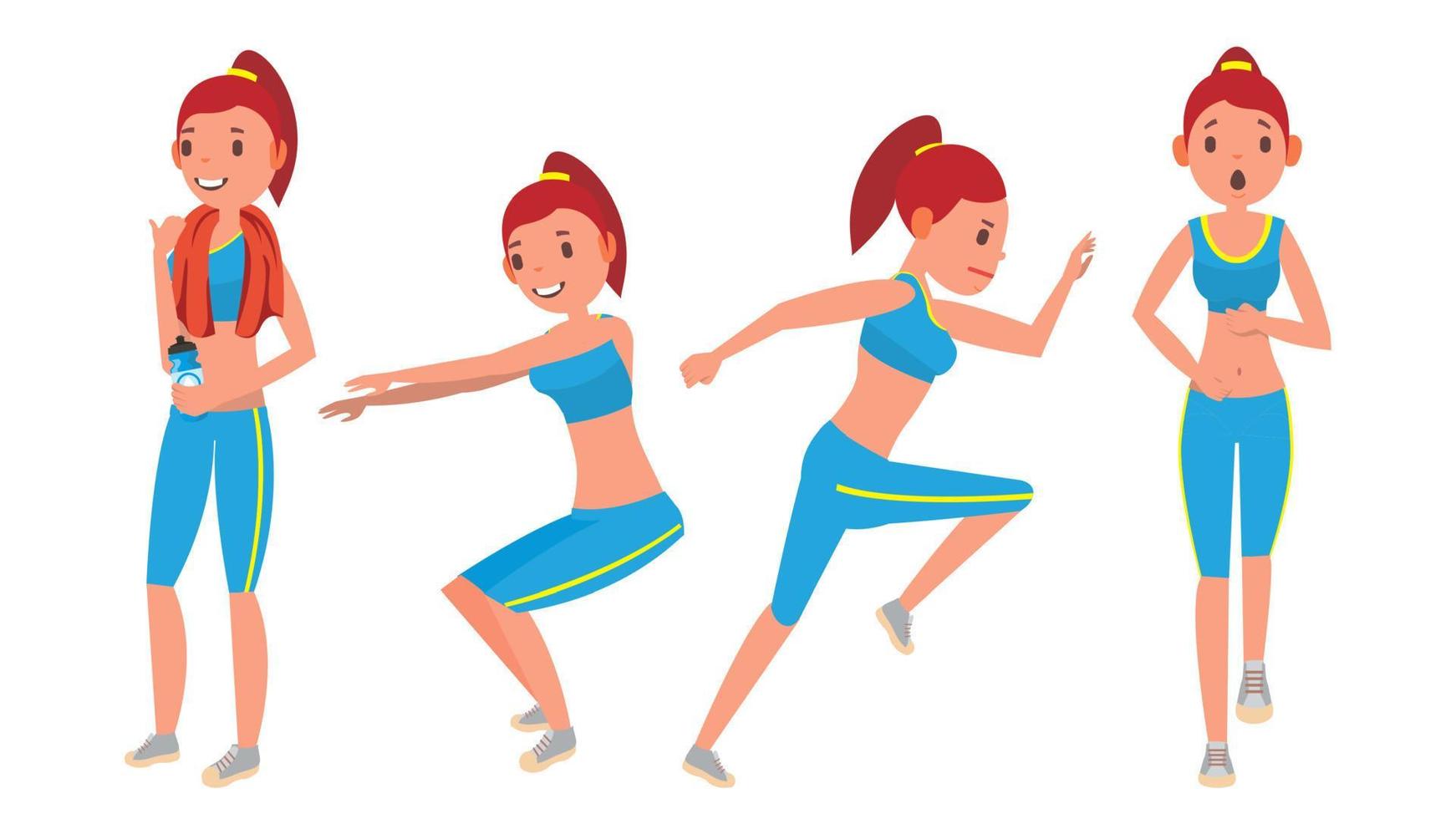 vector de chica fitness. colocar. varias vistas. aeróbicos y ejercicios. entrenamiento de cuerpo completo. aptitud femenina. ilustración de dibujos animados plana