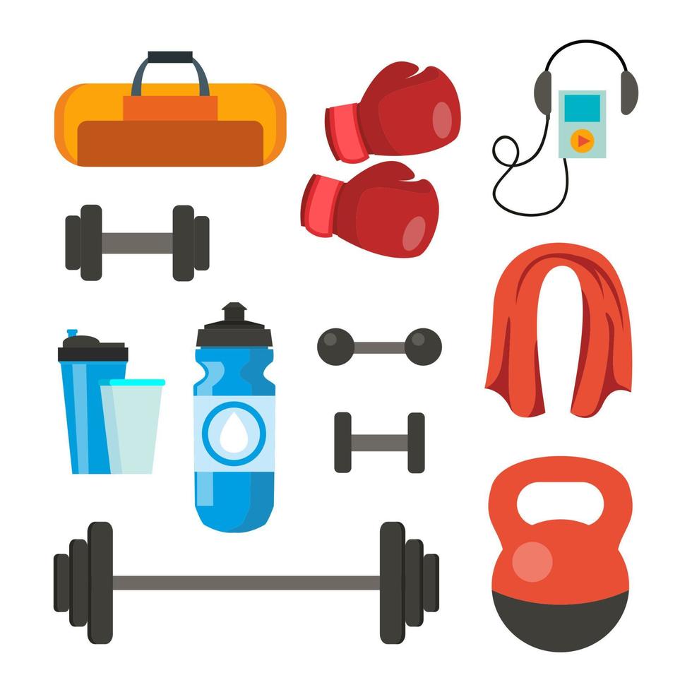 Fitness Icons Set Vector. Sport Tools Accessories. Bag, Towel, Weights, Dumbbell, Bar, Player, Boxing Gloves. Isolated Flat Cartoon Illustration vector