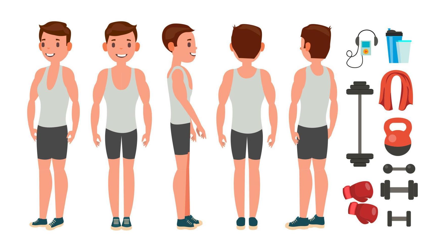 Fitness Man Vector. Different Poses. Lifestyle Design. Exercise And Athlete. Isolated Flat Cartoon Character Illustration vector