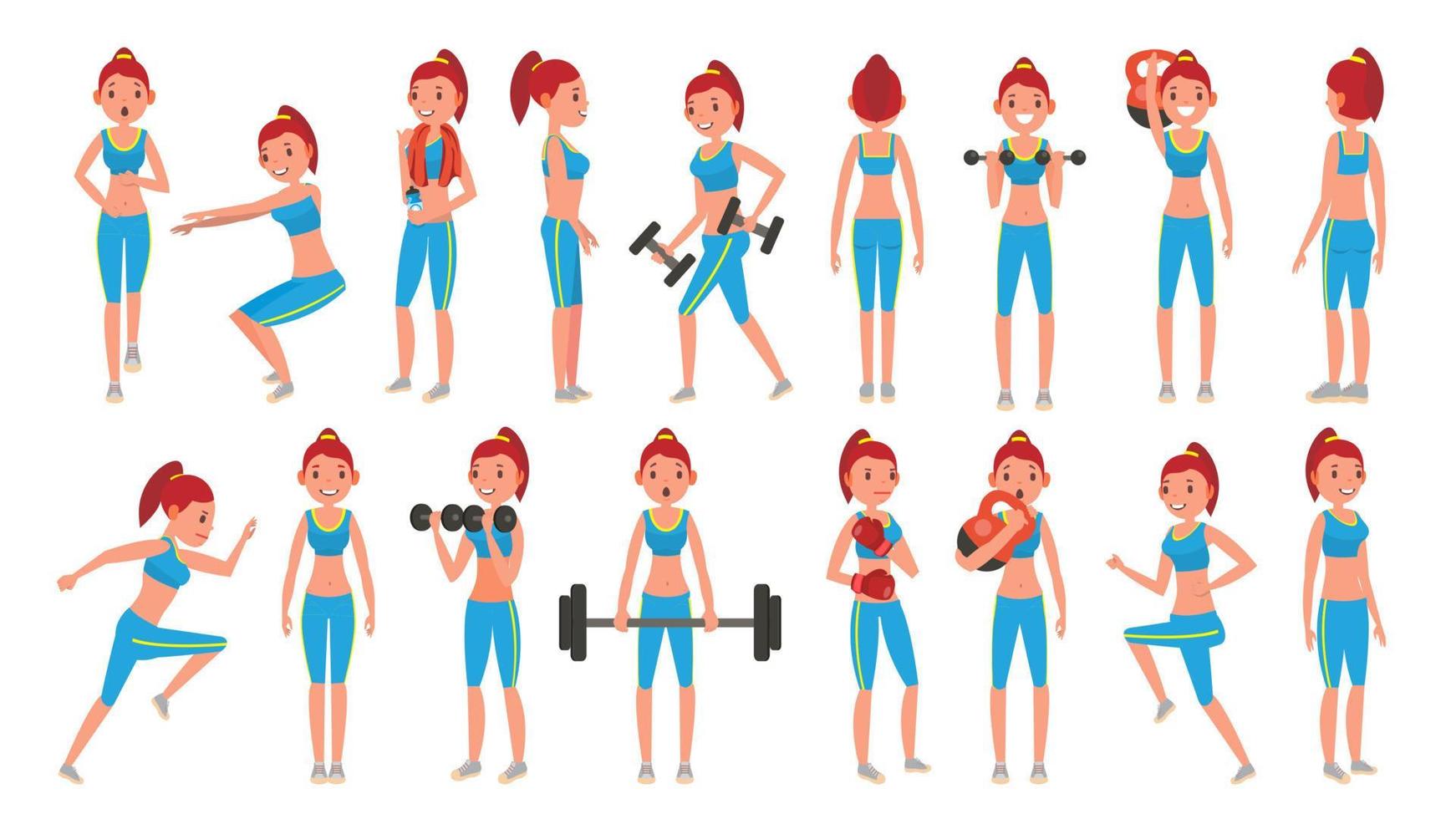 vector de chica fitness. poses diferentes Ejercicios para gordos. concepto de estilo de vida saludable. aptitud de la mujer. aislado en blanco ilustración de personaje de dibujos animados