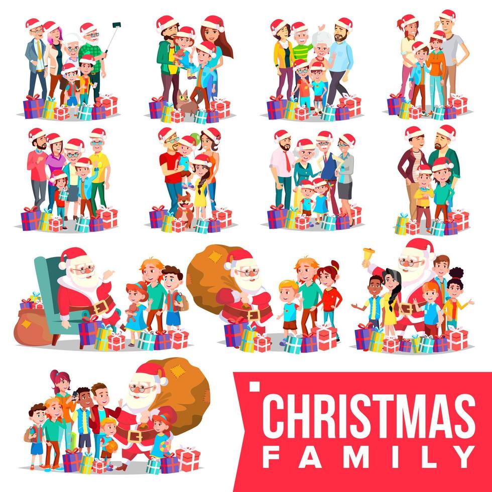 Christmas Family Portrait Set Vector. Full Happy Family. Traditional Event. Santa Hats. Merry Christmas, Happy New Year. Gifts. Parents, Grandparents, Children. Greeting, Postcard Design. Illustration vector