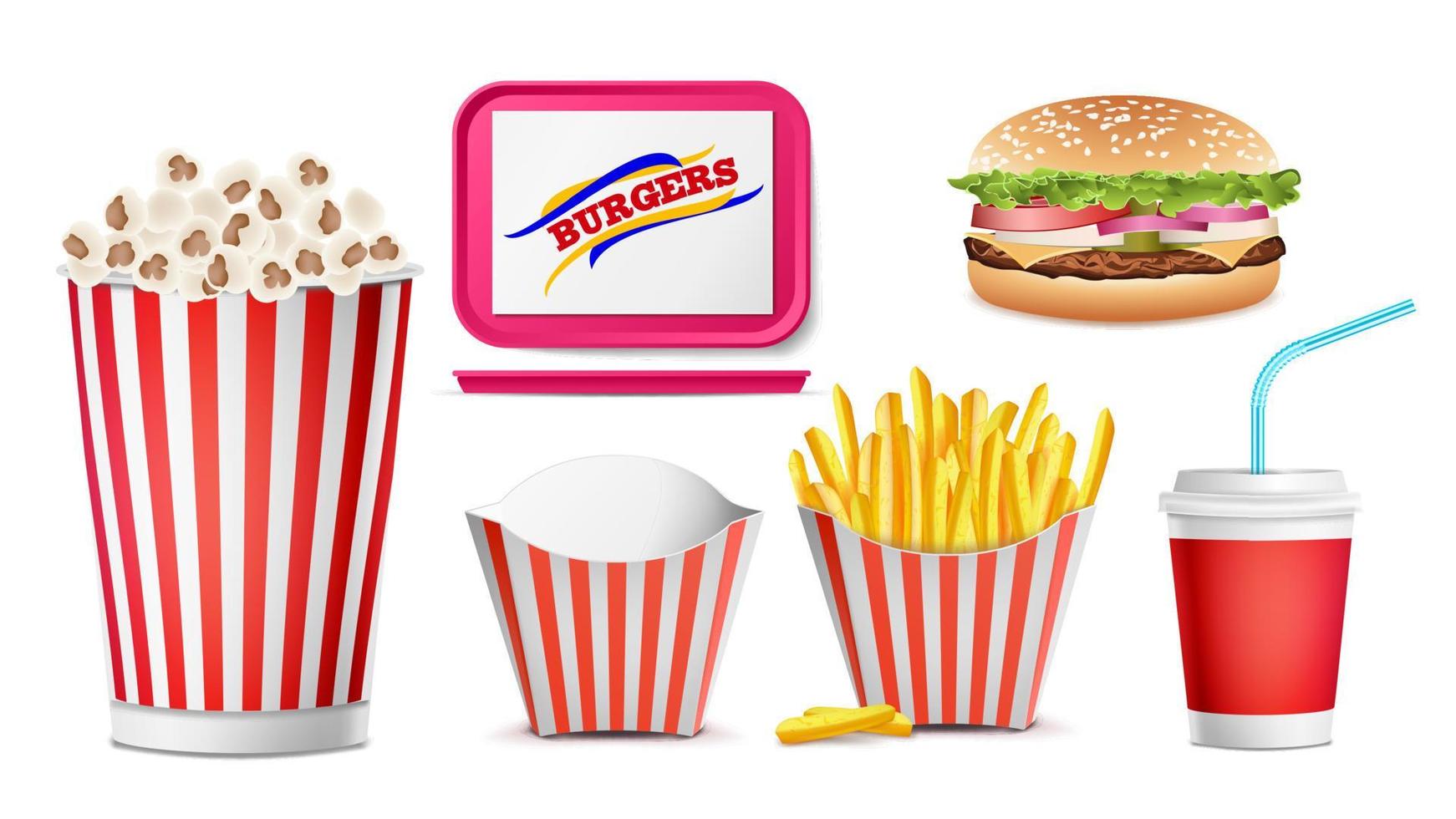 iconos realistas de comida rápida establecen vector. papas fritas, café, hamburguesa, cola, bandeja, palomitas de maíz. ilustración aislada vector