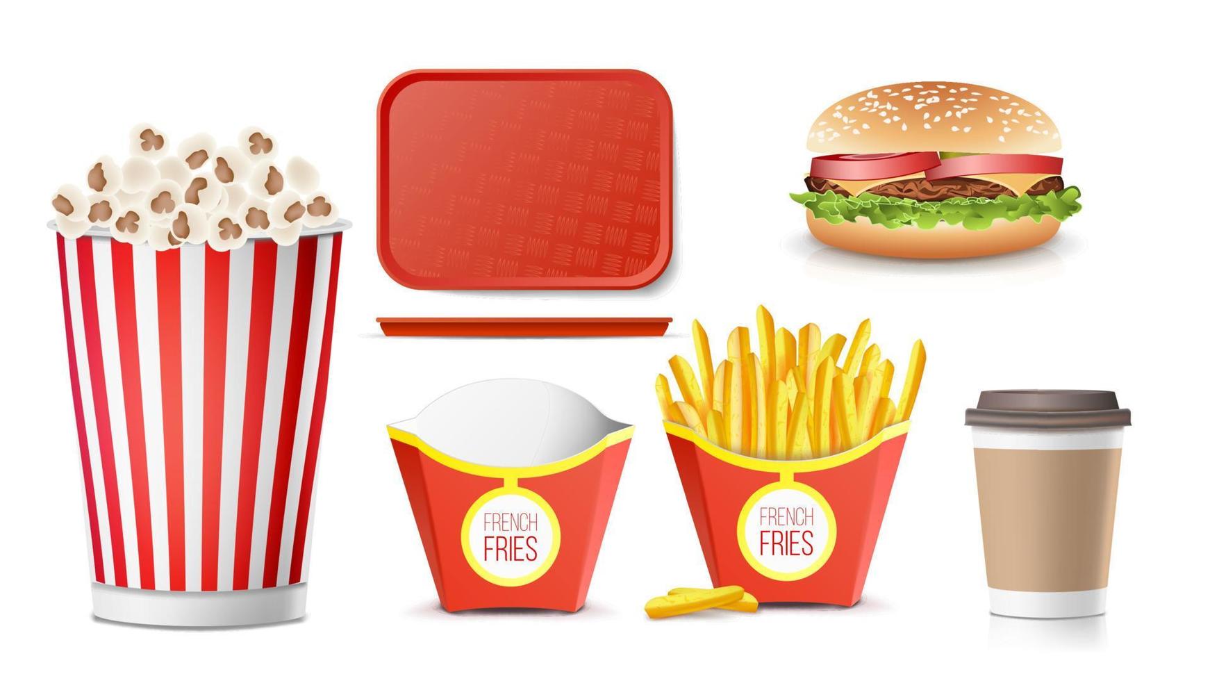 Fast Food Icons Set Vector. French Fries, Coffee, Hamburger, Cola, Tray Salver, Popcorn. Isolated On White Background Illustration vector