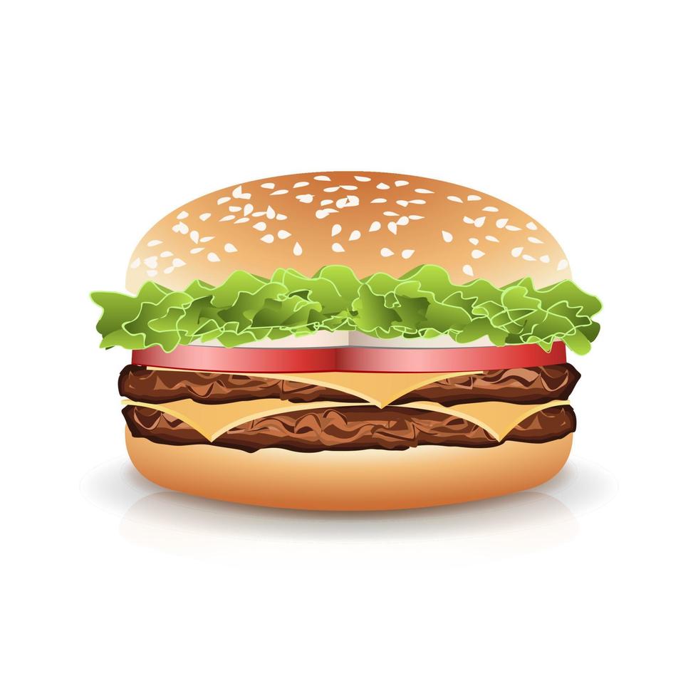 Fast Food Realistic Burger Vector. Hamburger Icon With Meat, Lettuce, Cheese And Tomato. Isolated vector