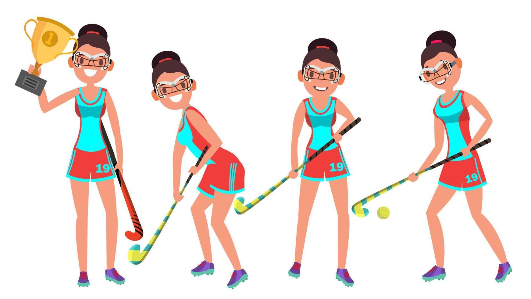 vector de jugadora de hockey sobre césped. jugando hockey sobre césped en diferentes poses. mujer. batalla por el control del balón. aislado en blanco ilustración de personaje de dibujos animados