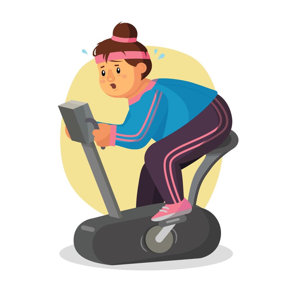 Fat Woman In Gym Vector. Female Running On Treadmill. Exercise Bike. Fitness Girl Training. Obese Woman Running On Treadmill. Isolated Flat Cartoon Character Illustration vector