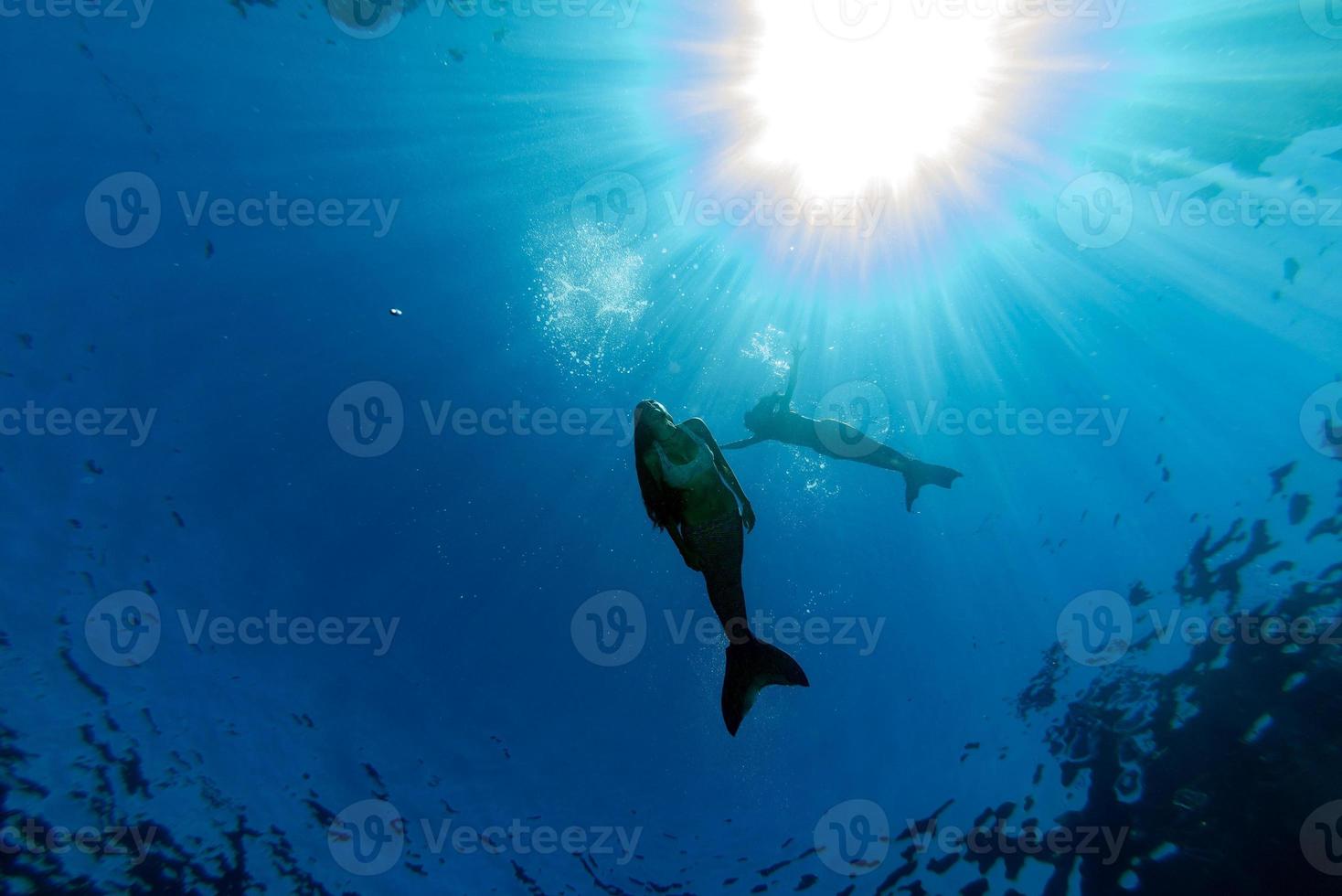 Mermaid swimming underwater in the deep blue sea photo