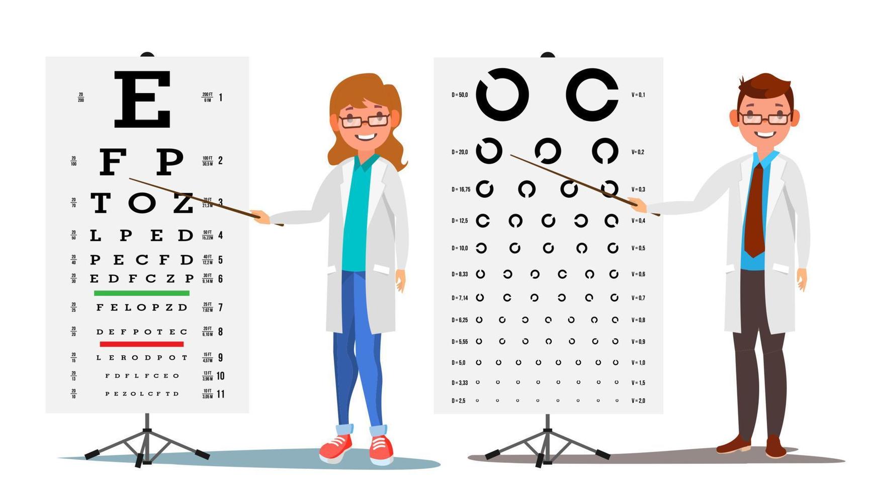 Ophthalmology Doctor Set Vector. Female, Male. Medical Eye Diagnostic. Eye Test Chart In Clinic. Diagnostic Of Myopia. Medicine Concept. Isolated Flat Cartoon Illustration vector