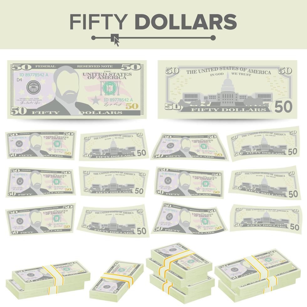 Vector de billetes de 50 dólares. moneda estadounidense de dibujos animados. dos caras de cincuenta billetes de dinero americano ilustración aislada. símbolo de efectivo pilas de 50 dólares