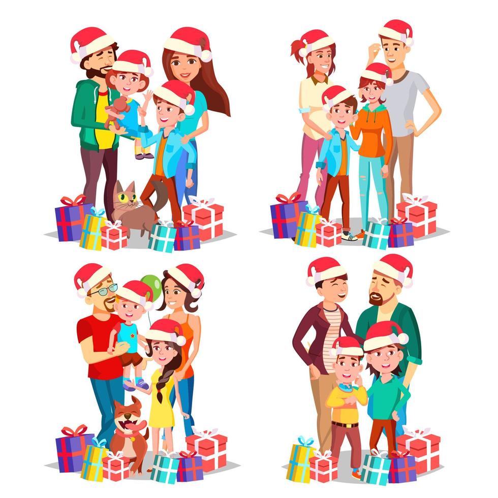 Christmas Family Portrait Set Vector. Parents, Children. In Santa Hats. Happy. New Year Gifts. Happy Family. December Eve. Isolated Cartoon Illustration vector