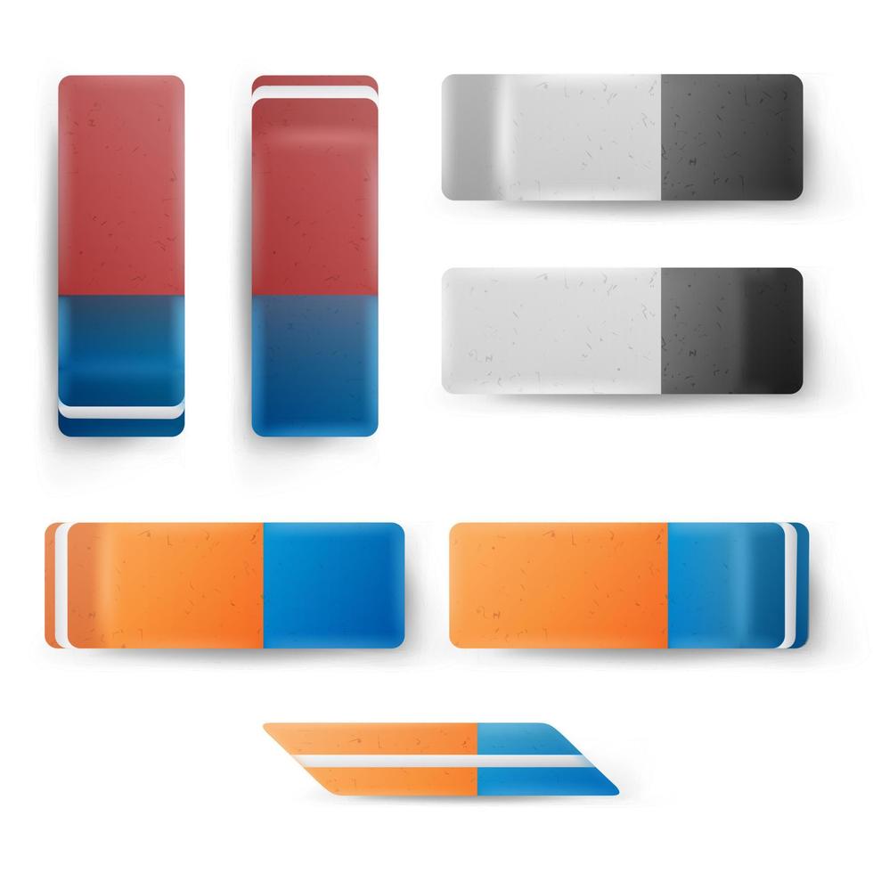 Realistic Eraser Set Vector. Classic Blue Orange, Grey White Rubber Icon. Isolated Illustration vector
