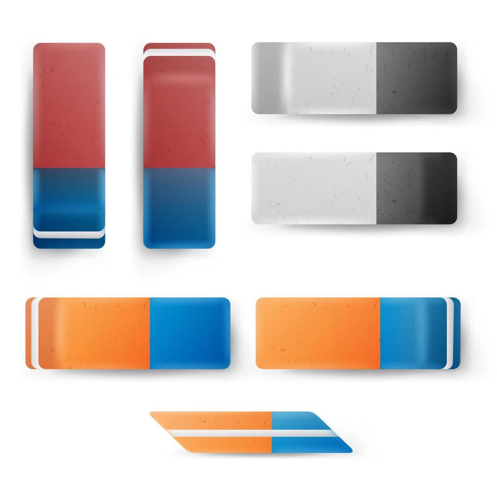 Realistic Eraser Set Vector. Classic Blue Orange, Grey White Rubber Icon. Isolated Illustration vector