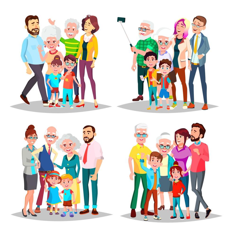 Family Set Vector. Big Full Happy Family Portrait. Father, Mother, Kids, Grandparents. Cheerful. Illustration vector