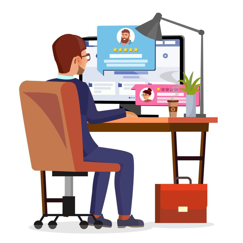 Man Writing Client Testimonial On Internet Online Store Vector. Vote, Feedback, Rating, Liked. Isolated Flat Illustration vector