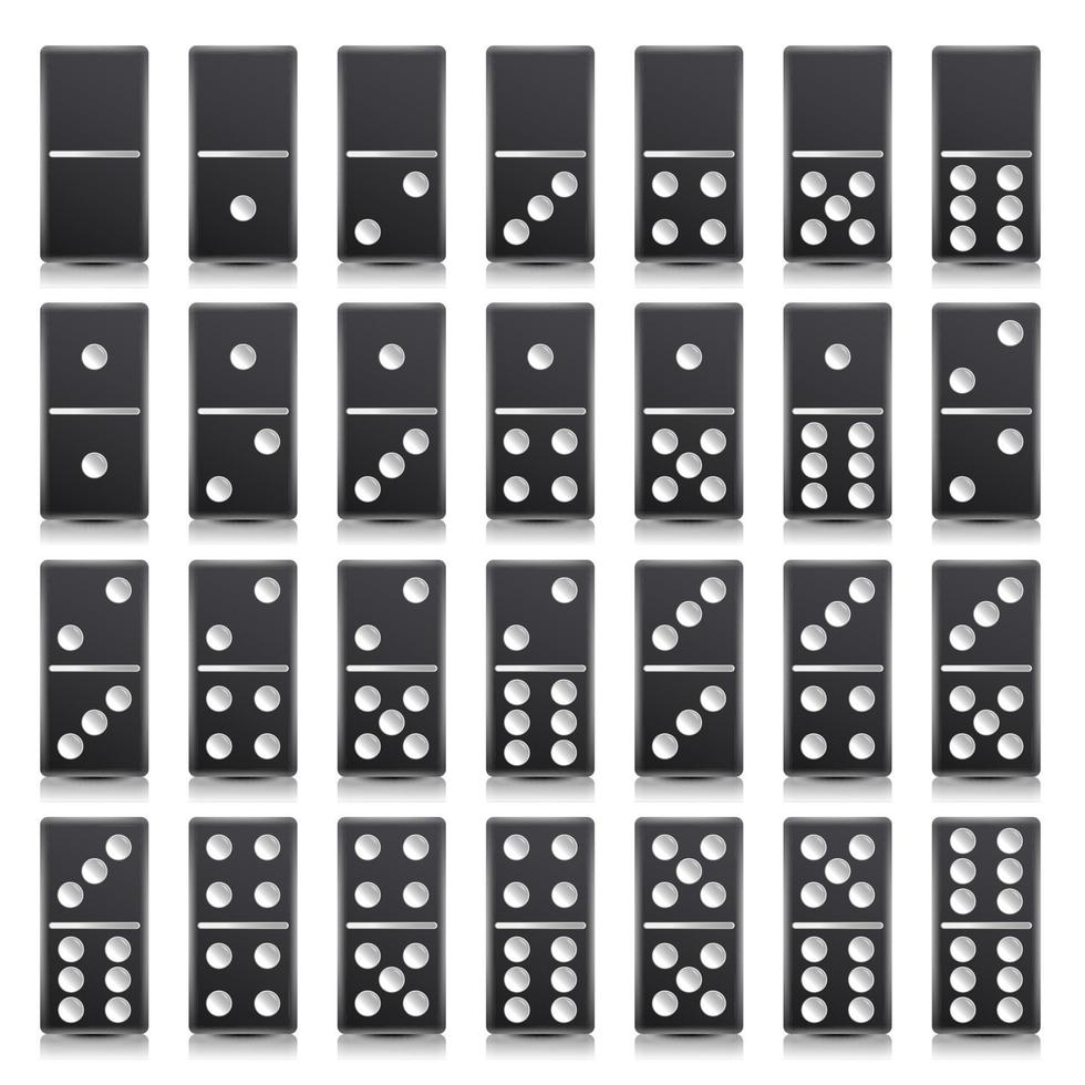 Domino Full Set Vector Realistic Illustration. Black Color. Classic Game Dominoes Bones Isolated On White. Top View. For A Game. 28 Pieces