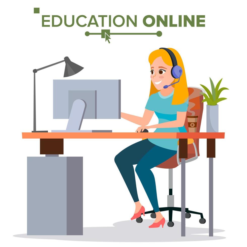 Education Online Vector. Young Handsome Woman In Headphones Sitting. Home Online Training Course. Modern Study Technology. Isolated Flat Cartoon illustration vector