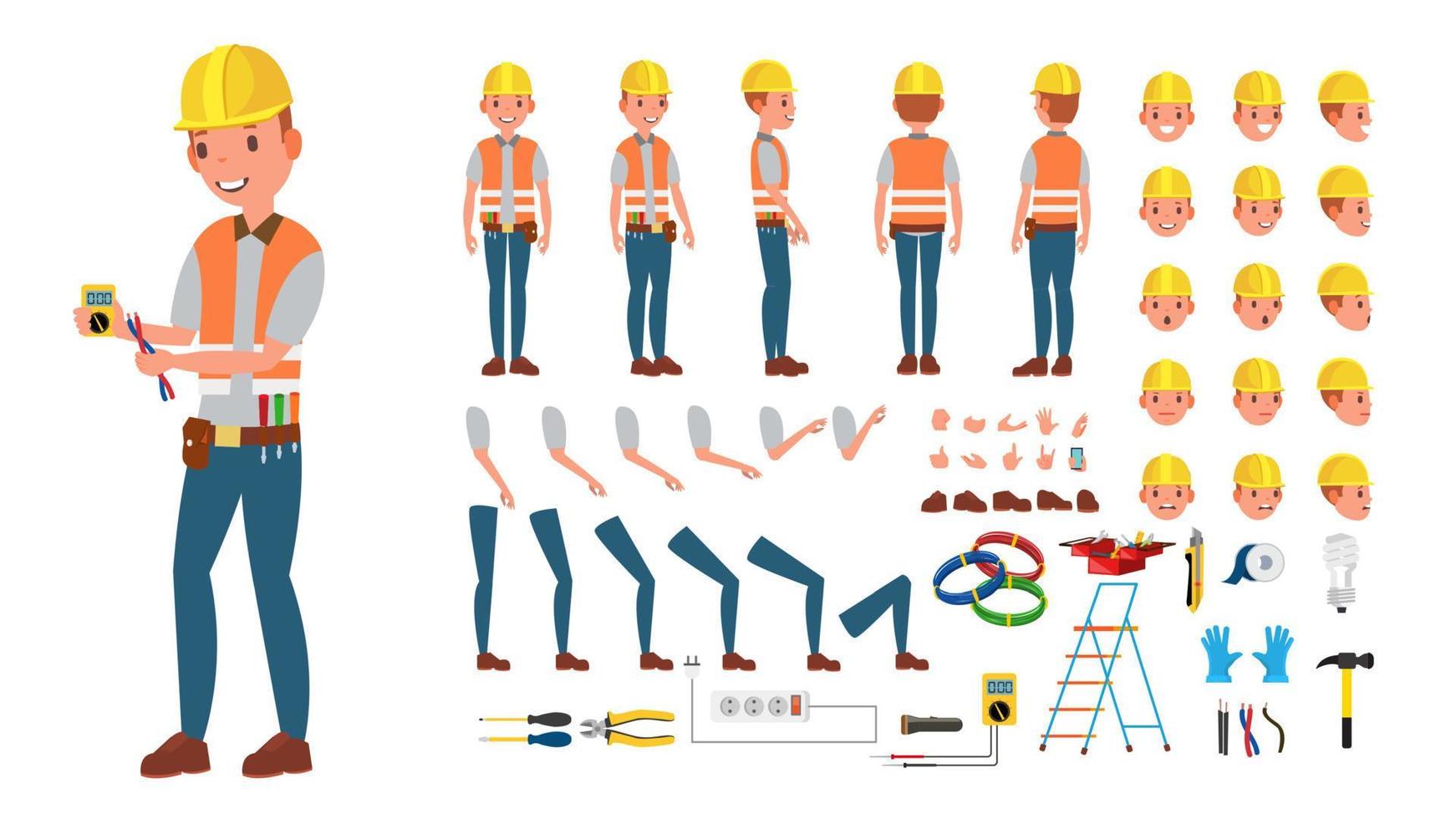 vector de electricista conjunto de creación de personajes animados. herramientas y equipos electrónicos. longitud completa, vista frontal, lateral, trasera, accesorios, poses, emoción facial, gestos. ilustración de dibujos animados plana aislada