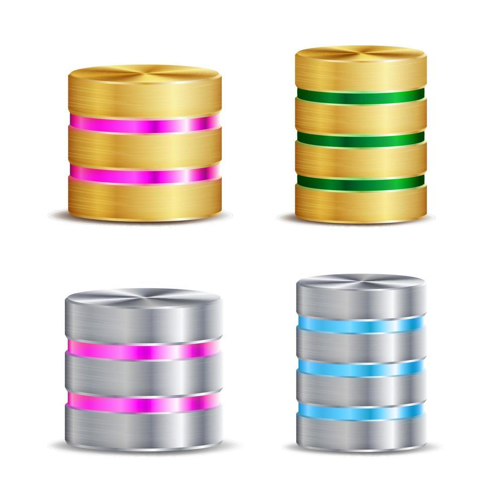 Network Database Disc Icon Vector Set. Realistic Illustration Of Computer Hard Disk. Golden Metal, Silver, Chrome. Backup Concept Isolated On White