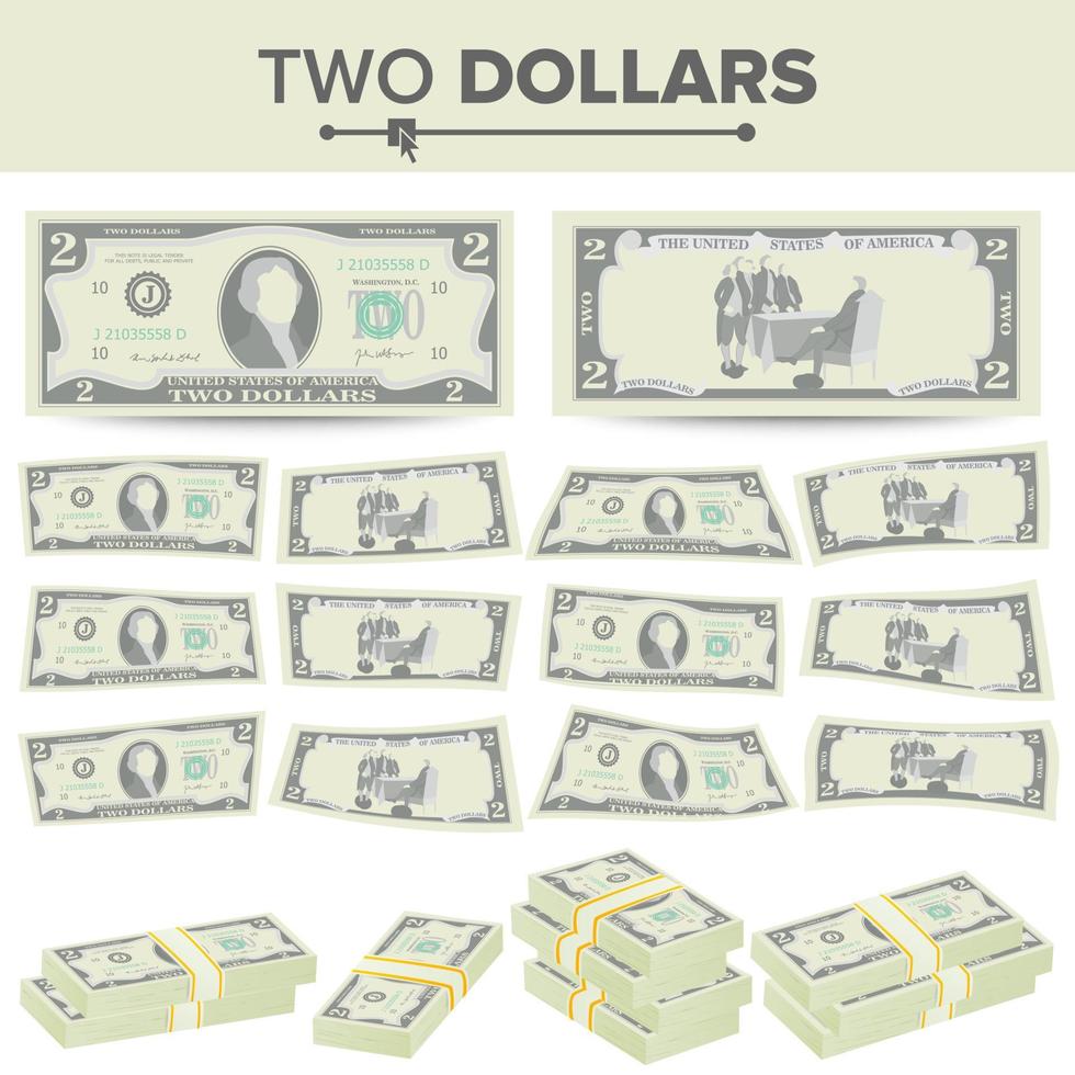 Vector de billetes de 2 dólares. moneda estadounidense de dibujos animados. dos lados de dos billetes de dinero americano ilustración aislada. símbolo de efectivo 2 pilas de dólares